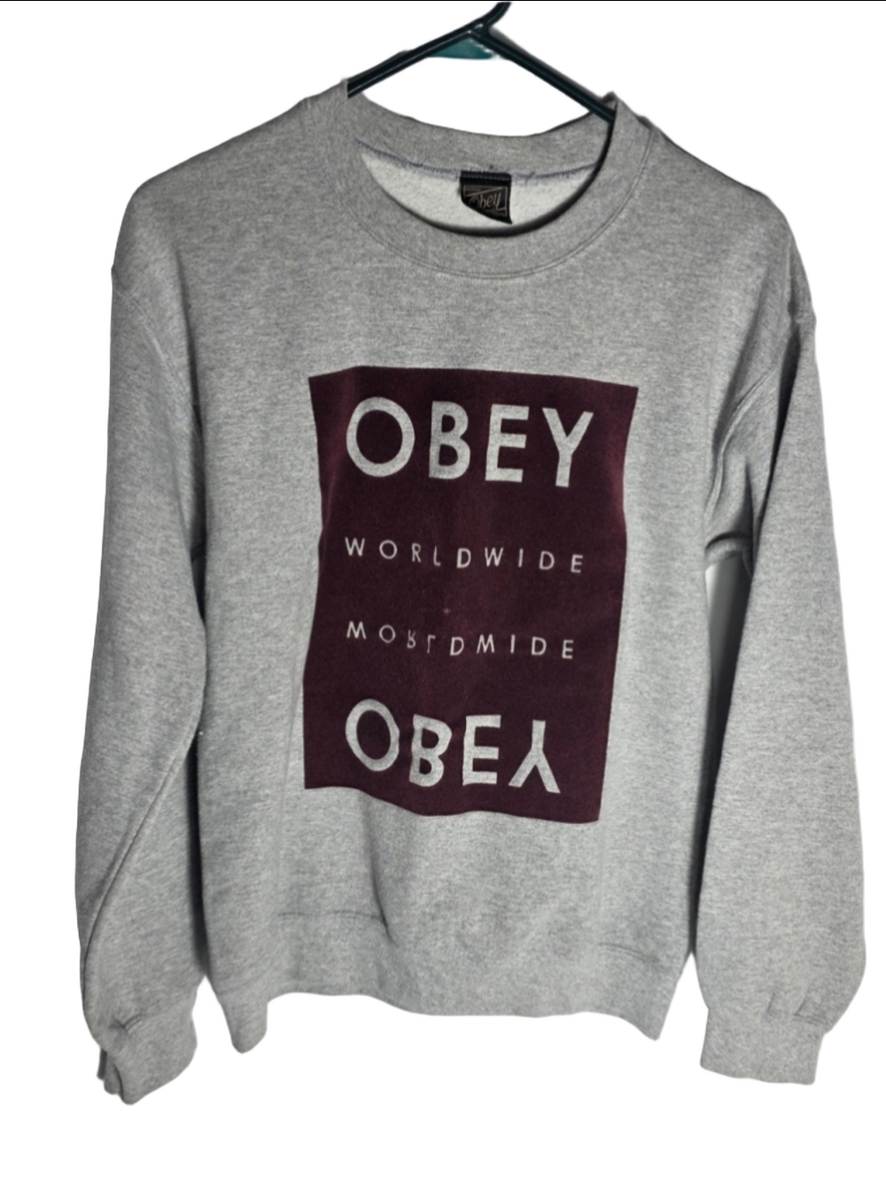 Men's Obey Sweatshirt Size S Grey Maroon Logo Graphic Pullover preppy streetwear